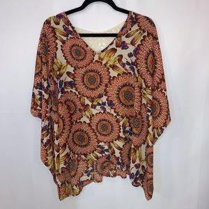 Tyche Women Crochet Back Boho Floral Feather Short Sleeve Tunic Blouse Sz Medium